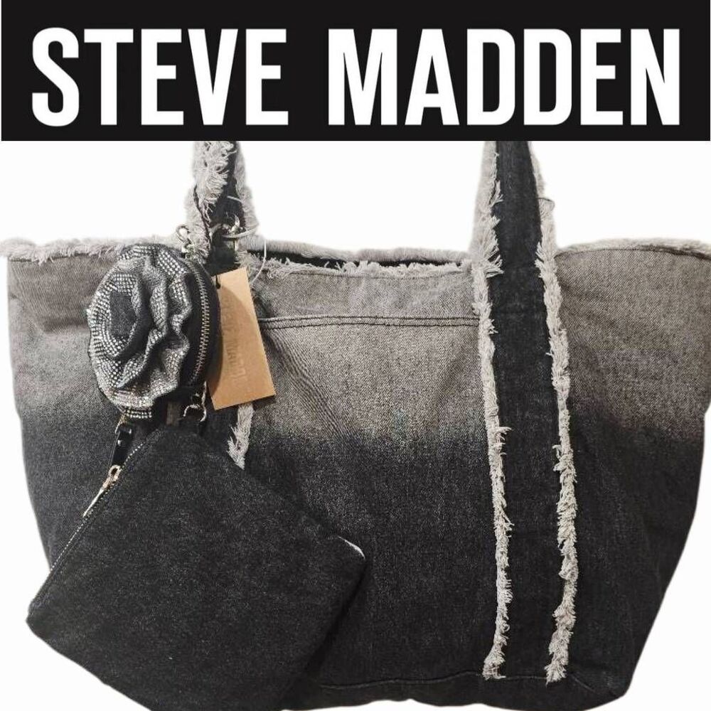 Steve Madden BBecki Distressed Denim Tote Bag w/Flower Coin Wa& Wristlet